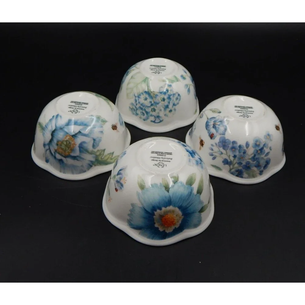 Lenox Butterfly Meadow Bloom 4 Piece Dessert Bowl Set Blue Floral 4-3/4 Inch